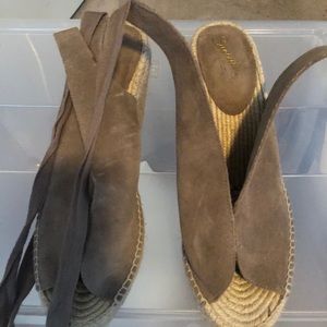 Tan suede espadrille wedges